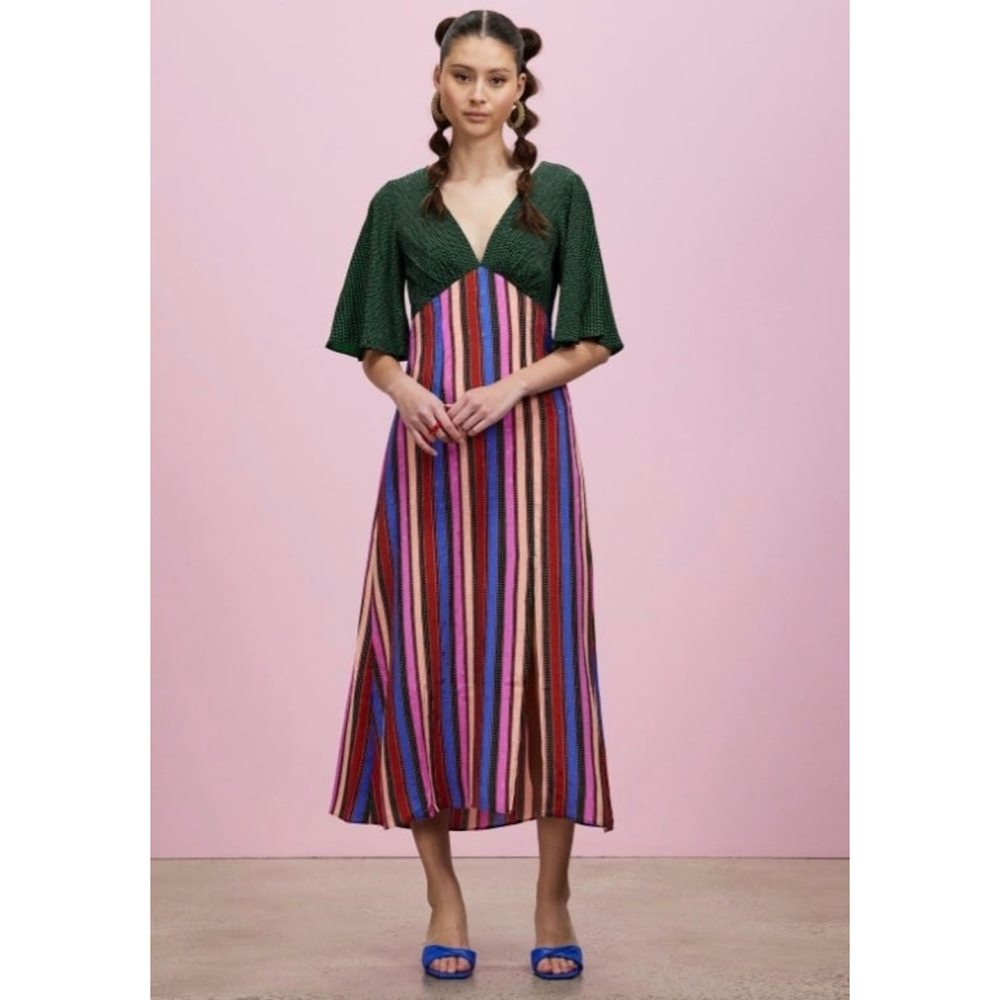 Topshop Multicolor Striped Maxi Dress Size 8 Green Flutter Sleeve Colorblock Mid
